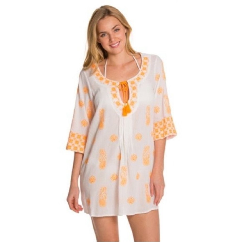 Trina Turk Playa Del Rey Tunic Top Swim Bell Sleeve Cover Up White
Orange Small